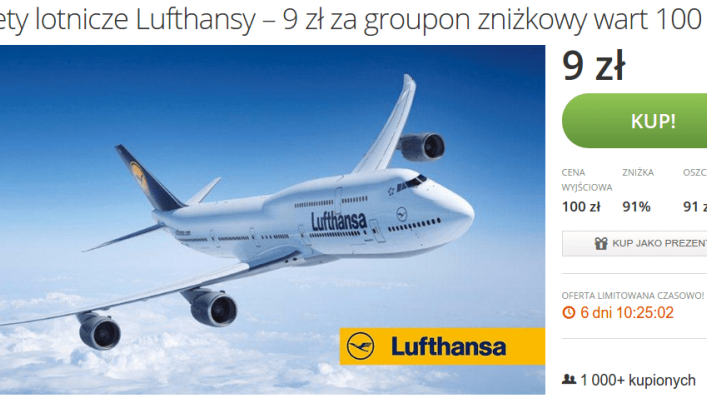 Bilety lotnicze Lufthansy – 9 zł za groupon zniżkowy wart 100 zł