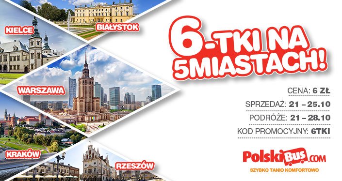 Kod promocyjny na PolskiBus: 6-tki na 5Miastach!