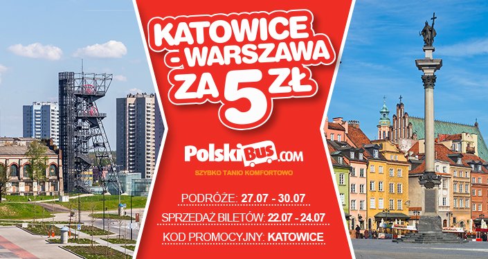 Kod promocyjny na PolskiBus: Katowice - Warszawa za 5 PLN