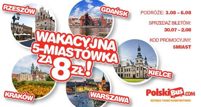 Kod promocyjny od PolskiBus: 5 miast po raz 2 za 8 PLN