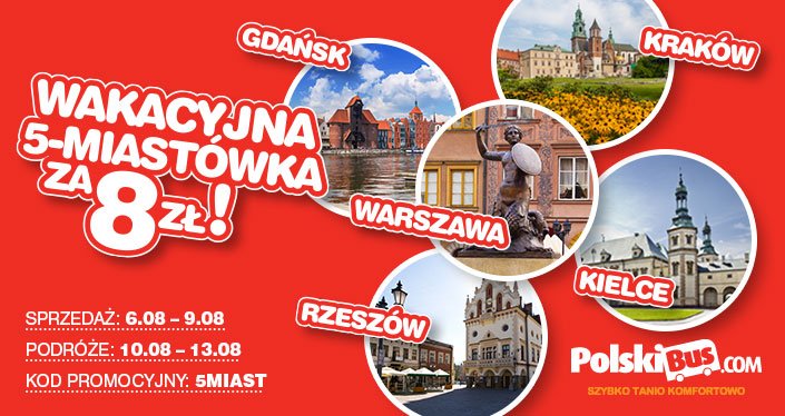 Kod promocyjny od PolskiBus: 5 miast po raz 3 za 8 PLN