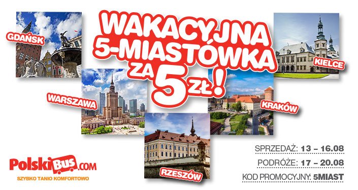 Kod promocyjny od PolskiBus: 5 miast po raz 4 za 5 PLN