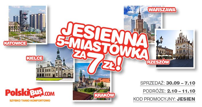 Kod promocyjny od PolskiBus: Jesienna 5-miastówka za 7 PLN