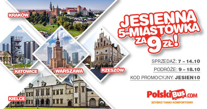 Kod promocyjny na PolskiBus: Jesienna 5-Miastówka